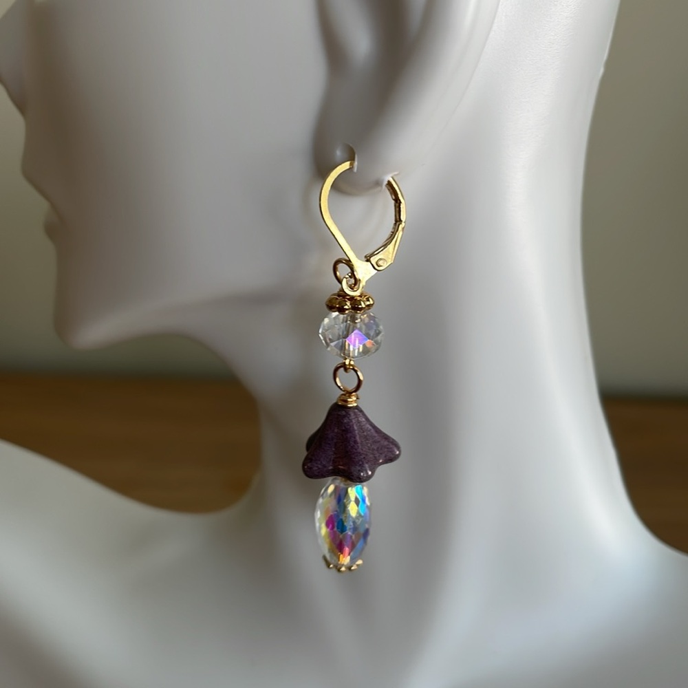 HAND CRAFTED PIERCED EARRINGS Dangling AB Crystals Purple Czech Beads - Picture 5 of 12